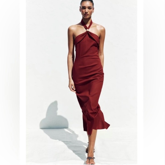 Zara NWT linen blend halter midi dress red 3379/723 - Picture 8 of 12